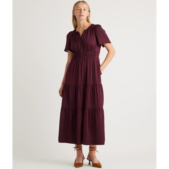 NWT Quince Washable Silk Tiered Maxi Dress Wine Tasting Medium Flowy Boho